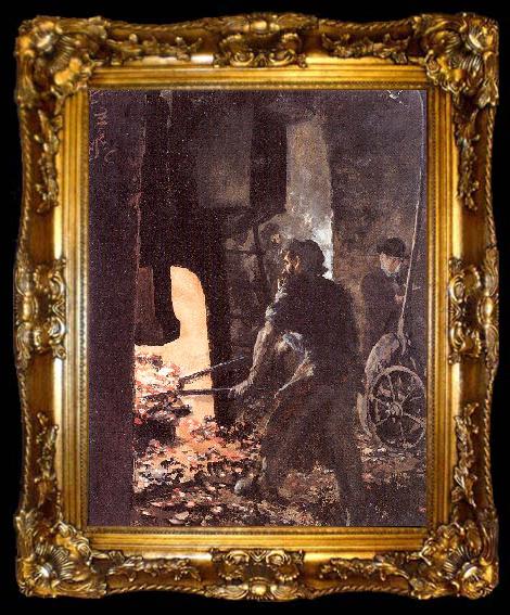 framed  Adolph von Menzel Self-Portrait with Worker near the Steam-hammer, ta009-2